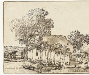 Chata s White Paling mezi stromy od Rembrandt van Rijn