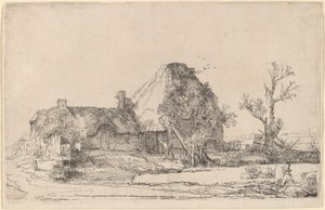 Chaty a hospodářské budovy s mužem skicování od Rembrandt van Rijn