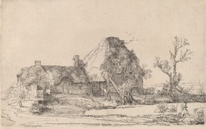 Chaty a hospodářské budovy s skicováním muže, c. 1645. od Rembrandt van Rijn