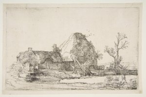 Chaty a hospodářské budovy s skicováním muže, ca. 1645. od Rembrandt van Rijn