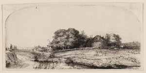 Chalupy a stodola na seno na Diemerdijku se stádem ovcí od Rembrandt van Rijn