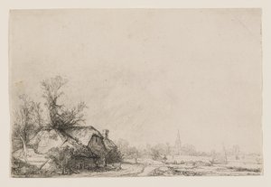 Chaty u kanálu s kostelem a plachetnicí od Rembrandt van Rijn