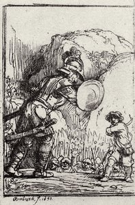 David a Goliáš. Ilustrace pro Piedra gloriosa od Menasseh ben Israel od Rembrandt van Rijn