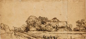 Hospodářské budovy vedle silnice, polovina 17. století, od Rembrandt van Rijn
