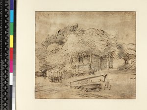 Statek pod stromy, s lávkou, cca 1650 (pero a inkoust s mytím na papíře) od Rembrandt van Rijn