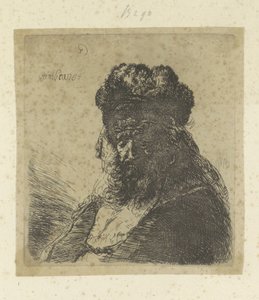 Vousatý starý muž s vysokou kožešinovou čepicí a zavřenýma očima Recueil de quatre-vingt-cinq estampes originales (název série) od Rembrandt van Rijn
