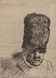 Hlava starého muže ve vysoké kožešinové čepici. od Rembrandt van Rijn