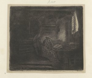 Hieronymus v een donker studeervertrek Kolekce osmdesáti pěti původních tisků (název série) od Rembrandt van Rijn