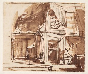 Interiér s točitým schodištěm a sedícím mužem od Rembrandt van Rijn