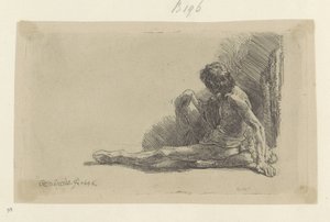 Mladý muž sedí na podlaze s jednou nohou prodlouženou Recueil de quatre-vingt-cinq estampes originales (název série) od Rembrandt van Rijn