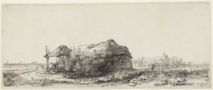 Krajina s chalupami a seníkem od Rembrandt van Rijn