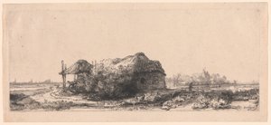 Krajina s chalupami a stodolou na seno: Podlouhlá od Rembrandt van Rijn