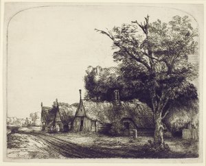 Krajina se štítovými chalupami u silnice, 1650 (lept a suchá jehla na papíře) od Rembrandt van Rijn