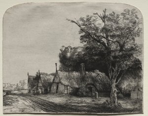 Krajina se třemi sedlovými domky vedle silnice od Rembrandt van Rijn
