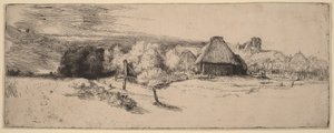 Krajina se stromy, hospodářskými budovami a věží od Rembrandt van Rijn