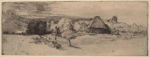 Krajina se stromy, hospodářskými budovami a věží od Rembrandt van Rijn