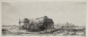 Krajina s chalupou a stodolou na seno: Podlouhlá od Rembrandt van Rijn