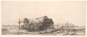 Krajina s chalupou a seníkem: podlouhlý od Rembrandt van Rijn
