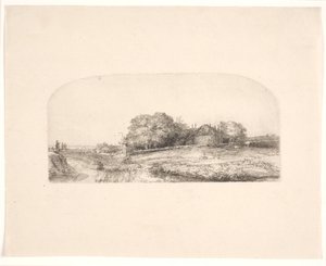 Krajina se stodolou na seno a stádem ovcí od Rembrandt van Rijn
