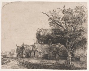 Krajina se třemi sedlovými chalupami u silnice od Rembrandt van Rijn