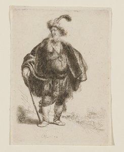 Stojící muž v orientálním oděvu a kožešinové čepici s pérem od Rembrandt van Rijn