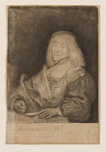 Muž u stolu, s křížkem a řetízkem od Rembrandt van Rijn
