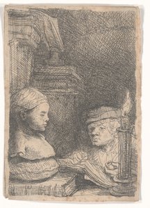 Muž kreslení z odlitku od Rembrandt van Rijn