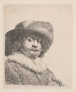 Muž v klobouku se širokou krempou a volánkem od Rembrandt van Rijn