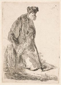 Muž v plášti a kožešinové čepici, opírající se o lavici od Rembrandt van Rijn