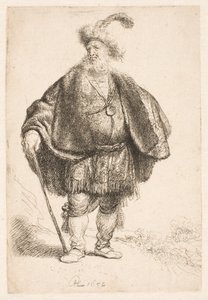 Muž stojící v orientálním oděvu a kožešinové čepici s pérem od Rembrandt van Rijn