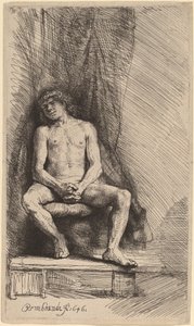 Nahý muž sedící před oponou od Rembrandt van Rijn