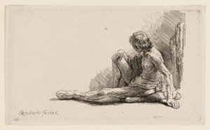 Nahý muž sedící na zemi s jednou nohou prodlouženou od Rembrandt van Rijn