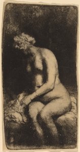 Akt sedící na lavičce s polštářem (žena si koupe nohy u potoka) od Rembrandt van Rijn