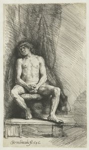 Nahý mladý muž, sedící před oponou Nahý muž sedící před závěsem od Rembrandt van Rijn