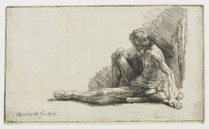 Nahý muž sedí na zemi s jednou nohou nataženou od Rembrandt van Rijn