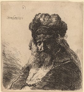 Starý vousatý muž ve vysoké kožešinové čepici se zavřenýma očima od Rembrandt van Rijn