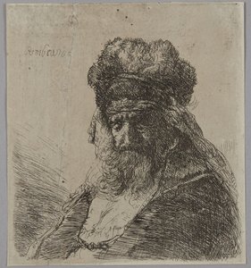 Starý vousatý muž v vysoké kožešinové čepici se zavřenýma očima od Rembrandt van Rijn