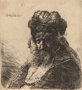 Starý vousatý muž ve vysoké kožešinové čepici, se zavřenýma očima, c. 1635. od Rembrandt van Rijn
