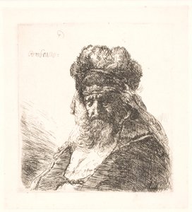 Starý vousatý muž ve vysoké kožešinové čepici se zavřenýma očima od Rembrandt van Rijn
