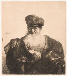 Sedící stařec s dlouhou bradou, kožešinovou čepicí a sametovým pláštěm od Rembrandt van Rijn
