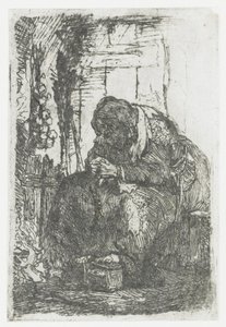 Stařenka s cibulí, sedící v chatrči od Rembrandt van Rijn