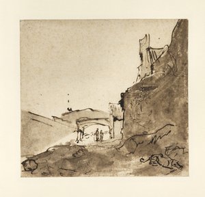 Předměstí města s hradbami a dveřmi, kolem 1627-28 (indický inkoust s mytím na papíře) od Rembrandt van Rijn
