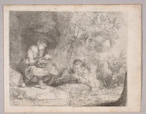 Pastýř hrající na flétnu (Pohled na Omval s pastýřkou a hrajícím na flétnu) od Rembrandt van Rijn