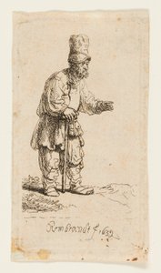 Sedlák ve vysoké čepici, stojící opřený o hůl od Rembrandt van Rijn