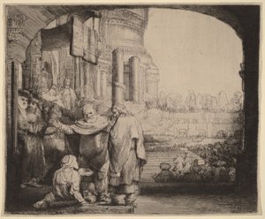 Petr a Jan uzdravují chromého u chrámové brány od Rembrandt van Rijn