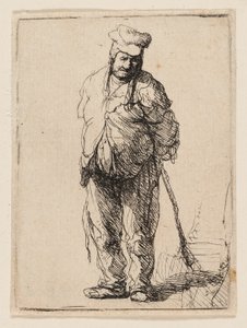 Otrhaný rolník s rukama za sebou, držící hůl od Rembrandt van Rijn