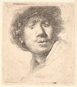 Rembrandt v čepici s otevřenými ústy a upřeným pohledem: poprsí v obrysu od Rembrandt van Rijn