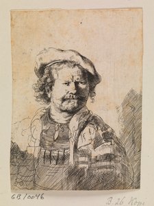 Rembrandt v ploché čepici a vyšívaných šatech od Rembrandt van Rijn