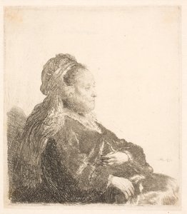 Rembrandtova matka seděla čelem doprava, v orientální pokrývce hlavy: polodlouhá, ukazující ruce od Rembrandt van Rijn