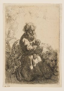 Svatý Jeroným klečí v modlitbě a sklání zrak od Rembrandt van Rijn